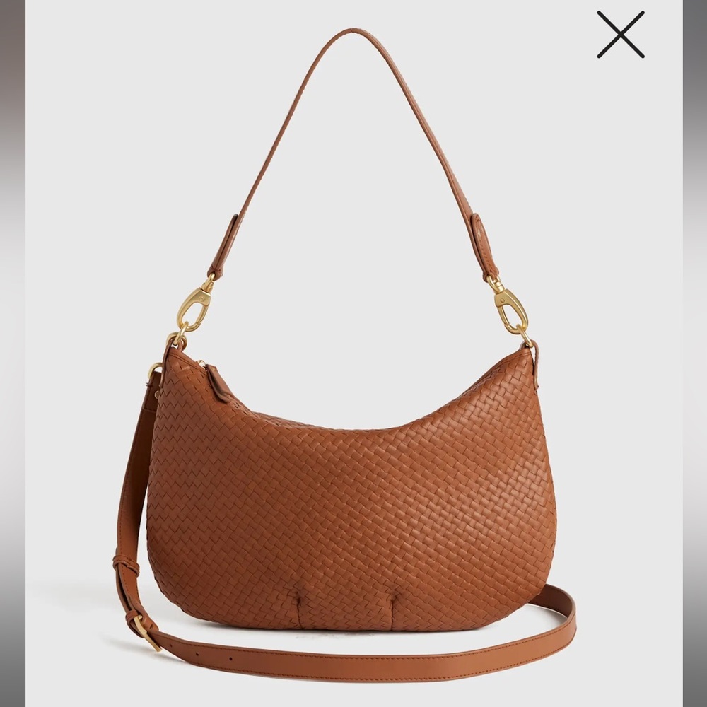Italian Leather Convertible Crescent Handwoven Shoulder Bag Cognac